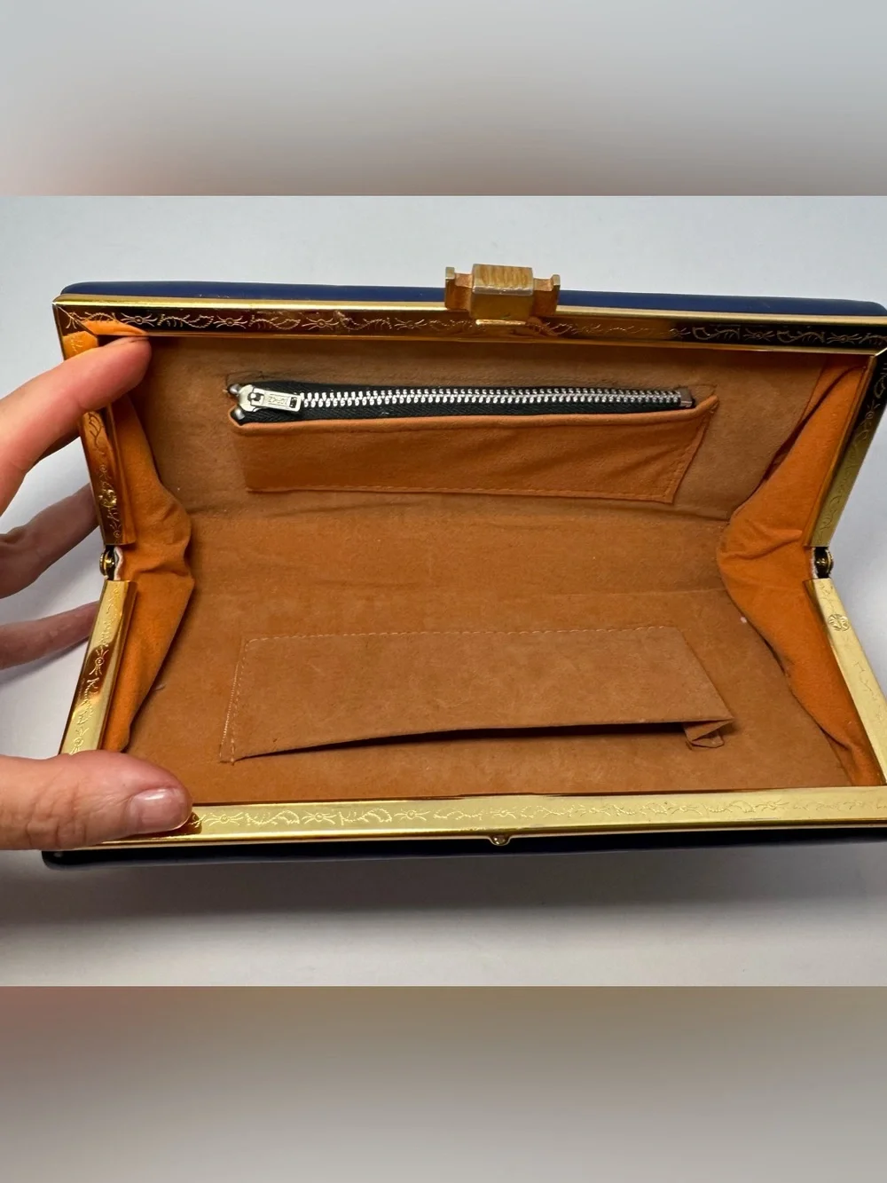 Vintage 1960s Elbief England Navy Blue Patent Box Clutch Bag Gold Clasp
